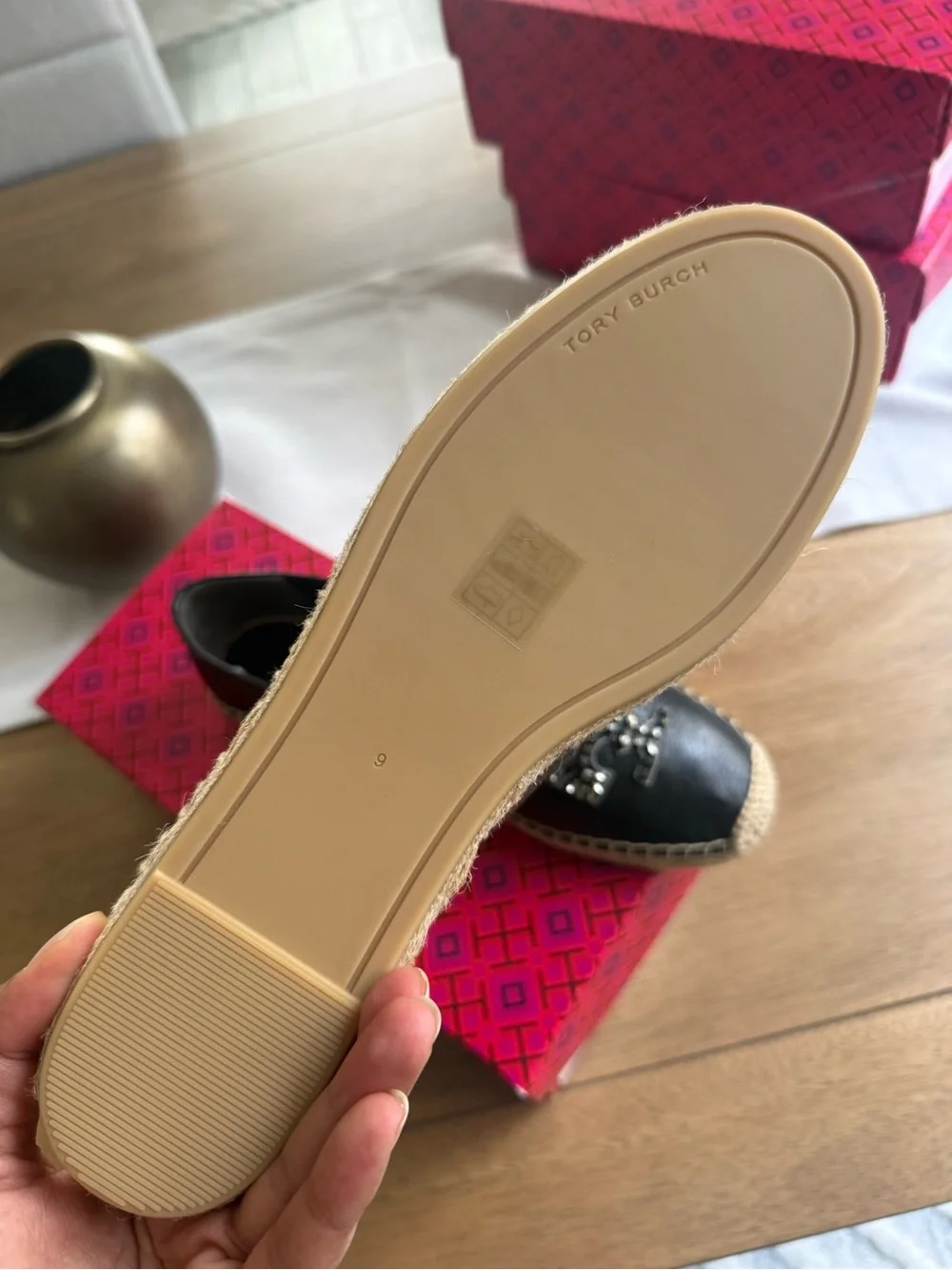 Tory Burch Black Leather Espadrille with Jeweled Logo